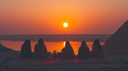 Wall Mural - an empty scene featuring blank mockup template of a sunset view with women offering arghya to the se