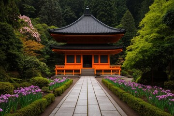 Wall Mural - Serene temple surrounded by vibrant gardens and blooming flowers.