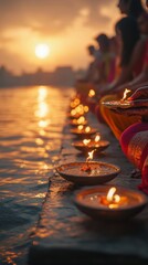 Wall Mural - an empty scene featuring blank mockup template of a group of worshippers holding diyas by the river 