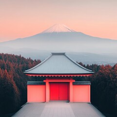 Wall Mural - Serene view of a traditional structure with Mount Fuji in the background.