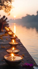 Wall Mural - an empty scene featuring blank mockup template of a group of worshippers holding diyas by the river 