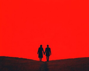 Canvas Print - Silhouette of a couple holding hands against a vibrant red background.