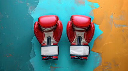 Boxing gloves in vibrant red color are positioned symmetrically against textured turquoise and orange background, creating striking visual contrast