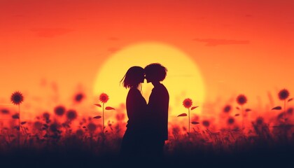 Canvas Print - Silhouette of a couple kissing at sunset among sunflowers.