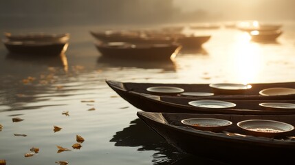 An empty scene featuring blank mockup template of boats floating on the river with offering plates in the early morning light, c