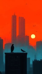 Wall Mural - Silhouette of birds against a vibrant sunset over a city skyline.