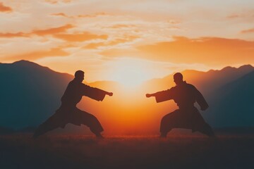 Silhouette of two martial artists sparring at sunset.