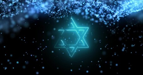 Poster - Jewish, star and shine with light in graphic for creative design, worship and religious emblem. Abstract, hologram and shape with motion by black background for particle pattern, faith and Hanukkah