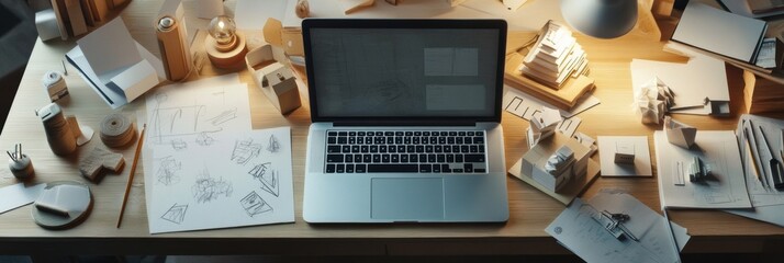 Poster - A modern laptop sits on a wooden desk cluttered with sketches, design tools, and creative materials, illuminated by soft daylight. Generative AI