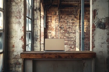 Leinwandbilder - Natural light streams through large windows onto a wooden table with a laptop set against a backdrop of rustic brick walls. Generative AI
