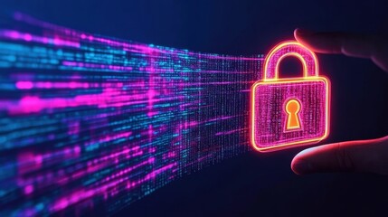 A finger touches the glowing digital padlock symbol on the screen