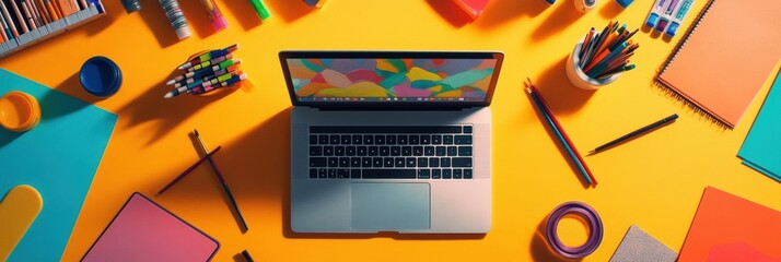 Aufkleber - A laptop sits centrally on a vibrant workspace filled with colorful pens, papers, and creative supplies, fostering an inspiring atmosphere. Generative AI