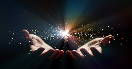 Poster - Wallpaper, hands and stars in palms for worship, enlightenment and spiritual realm on black background. Person, astrology and particle glow in animation for fortune telling, magic and hope for future