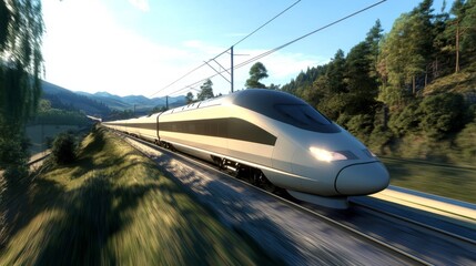 Fototapete - High-Speed Train Moving Through Scenic Landscape