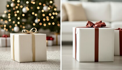 Poster - Two beautifully wrapped gift boxes, one with a gold ribbon and the other with a red ribbon, set in cozy holiday settings.