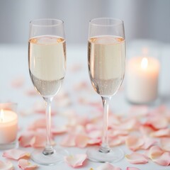 Poster - Two champagne glasses on a table with candlelight and rose petals.