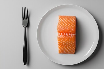 A sleek plate displays a fresh salmon fillet next to a black fork, set against a minimalist gray background.