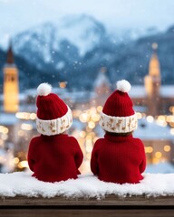 Wall Mural - Two children in red sweaters and hats sit on a snowy ledge, gazing at a festive town.