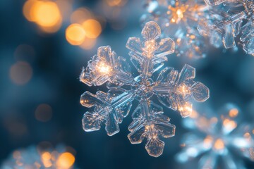 Aufkleber - Delicate snowflakes with glowing icy shades radiate light in an enchanting winter landscape, transforming the atmosphere at dusk. Generative AI