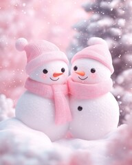 Wall Mural - Two cute snowmen in pink accessories, surrounded by a snowy landscape.