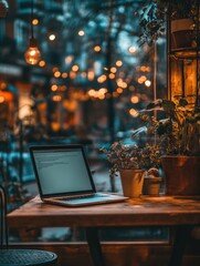 Poster - A laptop rests on a wooden table in a cozy coffee shop, illuminated by warm lights and surrounded by greenery as evening approaches. Generative AI