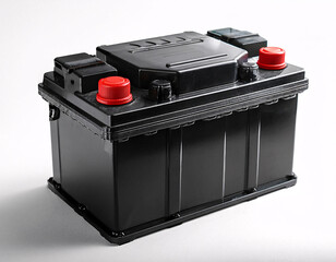 A black car battery with red terminals sits on a white background