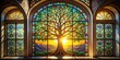 © Latsamee - Stained glass window with tree of life design reflecting sunlight