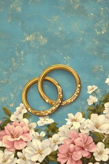 Wall Mural - Two gold wedding rings on a floral background.