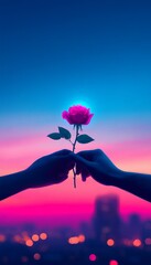 Poster - Two hands exchanging a rose against a colorful sunset backdrop.