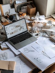 Aufkleber - An organized yet cluttered desk features a laptop displaying design work, alongside numerous sketches and scattered materials for inspiration. Generative AI