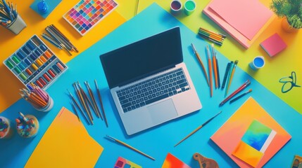 Leinwandbilder - A modern workspace showcases a laptop amidst vibrant art supplies, colorful papers, and tools for creative projects in a bright setting. Generative AI