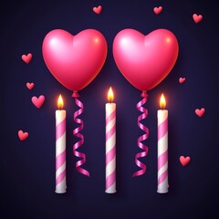 Wall Mural - Two heart-shaped balloons with candles and floating hearts for a celebration.