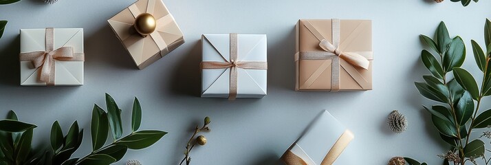 Fototapete - Stylishly arranged geometric gift boxes in neutral colors are complemented by lush greenery, creating an inviting festive display. Generative AI