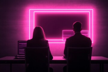 Two individuals working at a desk illuminated by a neon light.