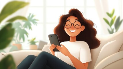 An animated woman joyfully relaxes in a comfortable chair, using her smartphone at home, representing the modern lifestyle of connection and leisurely digital interaction.