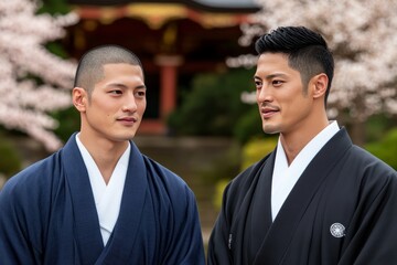 Two men in traditional Japanese attire stand outdoors near cherry blossoms.