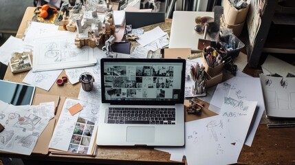 Aufkleber - A laptop sits on a cluttered desk among sketches, papers, and various artistic supplies, reflecting a busy creative atmosphere. Generative AI