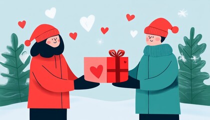 Poster - Two people exchanging a gift in a snowy, festive setting.