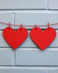 Wall Mural - Two red felt hearts hanging on a string against a light brick wall.