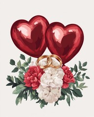 Wall Mural - Two red heart balloons with wedding rings and floral decorations.