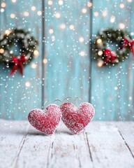 Poster - Two red heart-shaped decorations with snow on a wooden table.