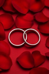 Wall Mural - Two silver rings surrounded by red rose petals on a red background.