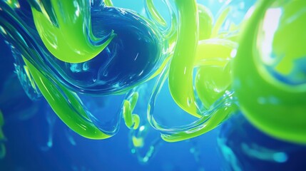 Fluid motion of electric blue and neon green shapes intertwines, creating a mesmerizing depth. Soft lighting casts dynamic shadows, enhancing the swirling forms' artistic allure in 3D space.