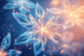 Poster - Delicate snowflake shapes glow in icy shades, capturing a magical winter atmosphere filled with vibrant colors and sparkle. Generative AI