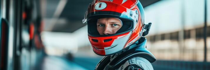 Fototapete - A determined racer, wearing a helmet, stands ready before a race at the track, exuding focus and a competitive spirit in the bright sunlight. Generative AI