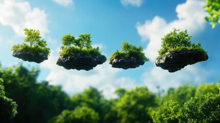 Floating islands with greenery against a bright blue sky.