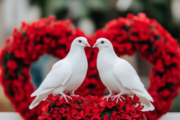 Wall Mural - Two white doves perched on red flowers with a heart-shaped background.