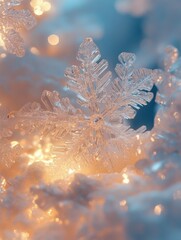 Poster - Intricate snowflake shapes glimmer softly in icy shades, blending with a warm glow to create a captivating winter ambiance. Generative AI
