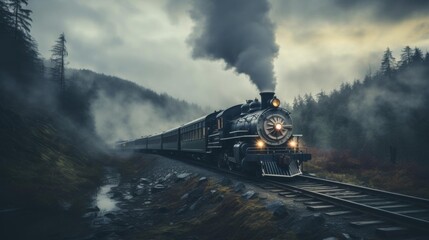 A steam train is traveling down a track through a forest