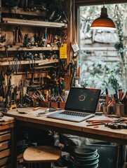 Aufkleber - A laptop sits on a workbench, illuminated by natural light, amidst a variety of tools and equipment in a cozy workshop. Generative AI